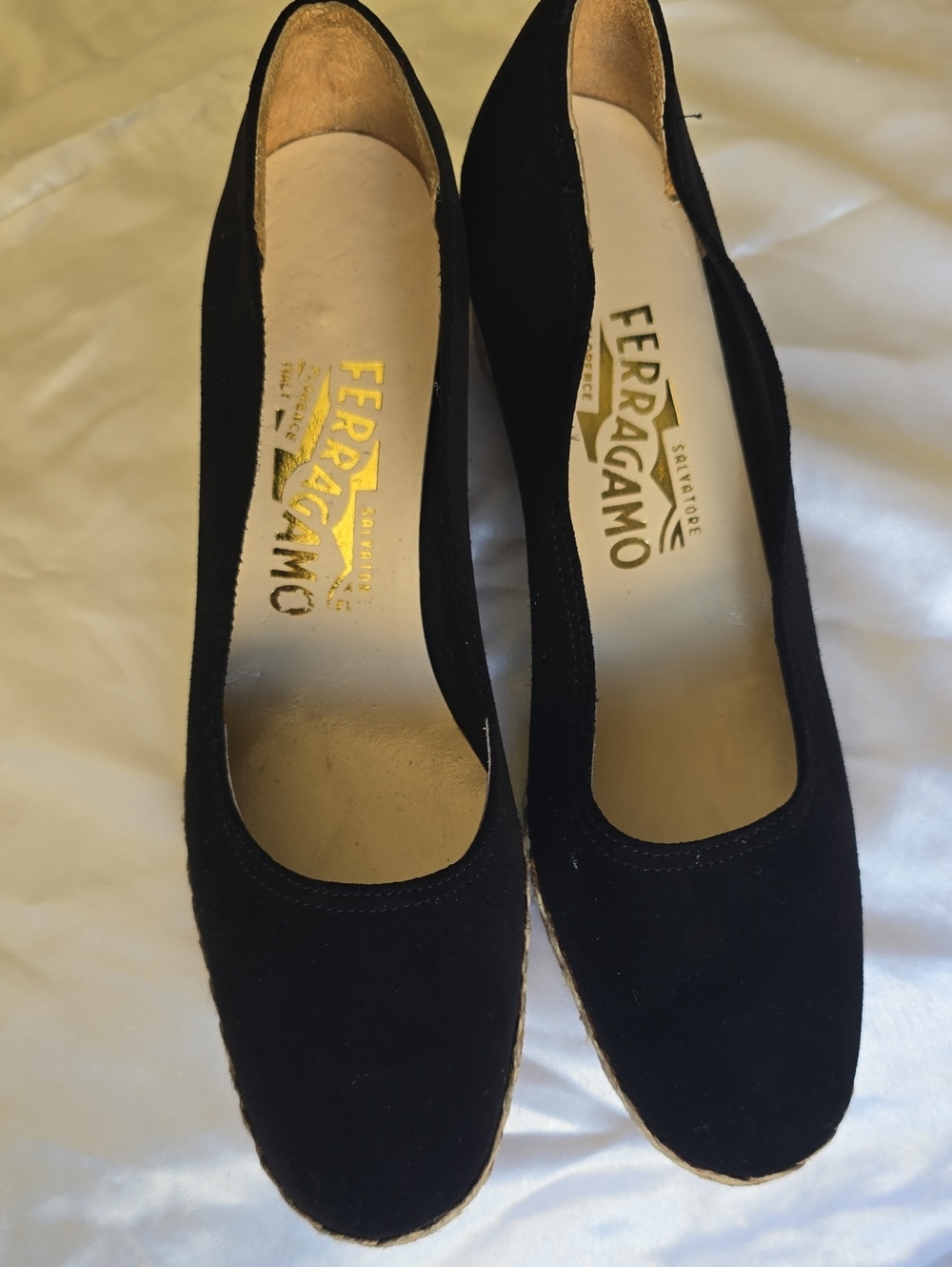 Salvatore Ferragamo Black Suede Wedge Espadrilles - Size 7.5 N